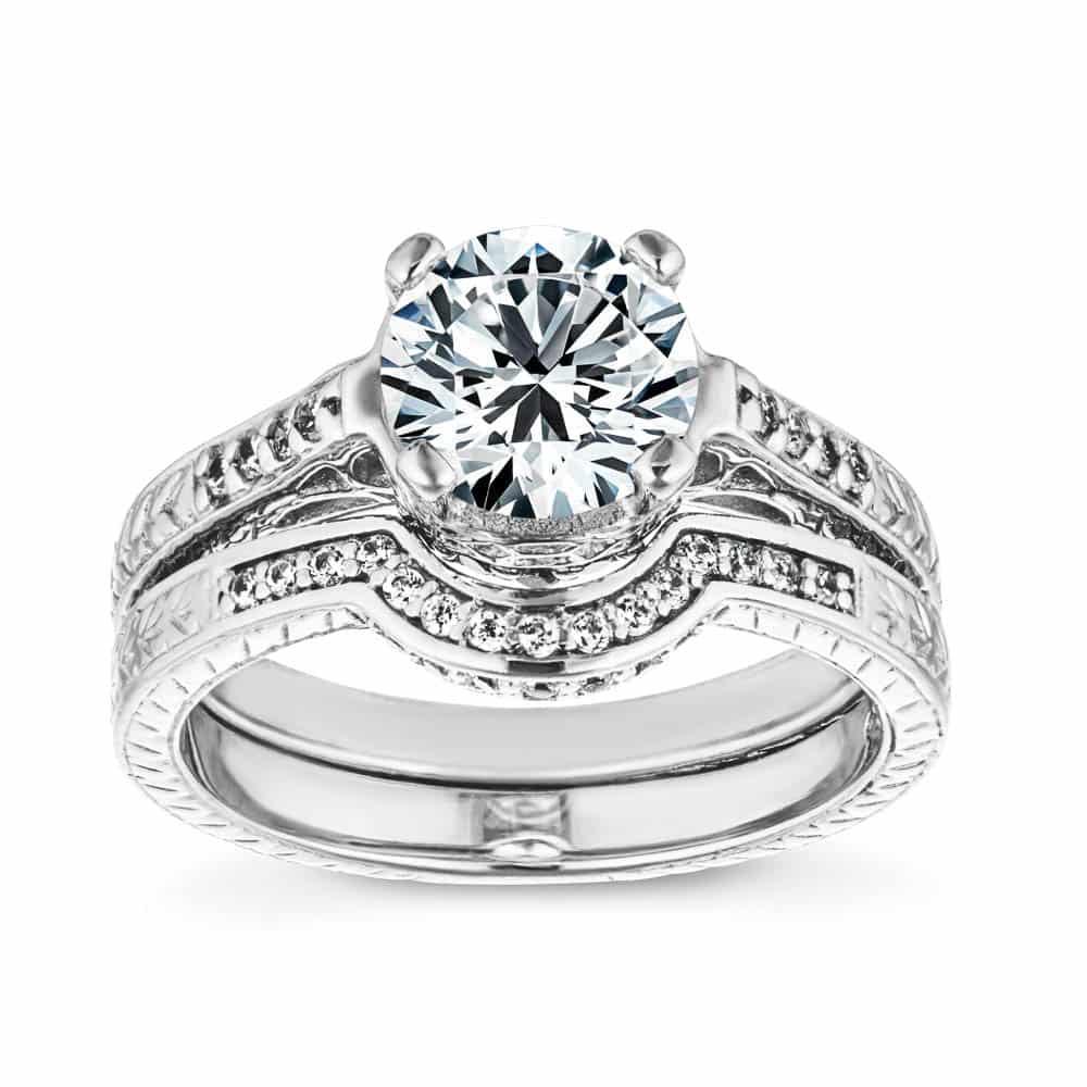 Engagement Ring shown with Matching Wedding Band available as a Set for a Discount|Antique style diamond accented filgree detailed wedding ring set in 14k white gold