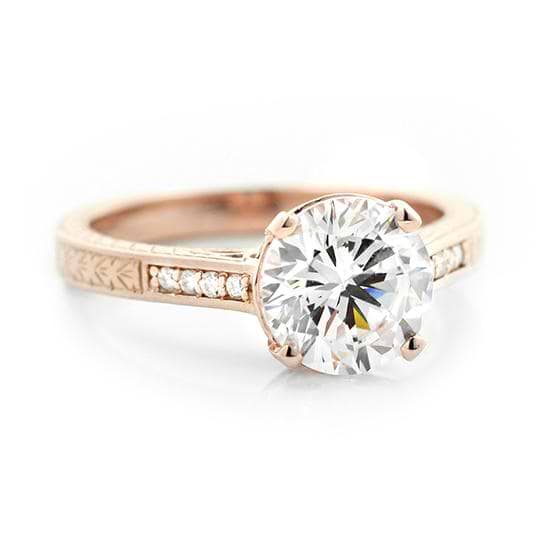 Shown with 2ct Round Cut Lab Grown Diamond in 14k Rose Gold|Antique style diamond accented engagement ring with 2ct round cut lab grown diamond in 14k rose gold filigree detailed band