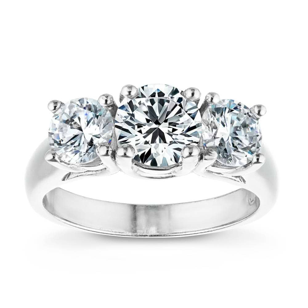 Shown with Three Round Cut Lab Grown Diamonds in 14k White Gold|Ethical three stone engagement ring with round cut lab grown diamonds in 14k white gold
