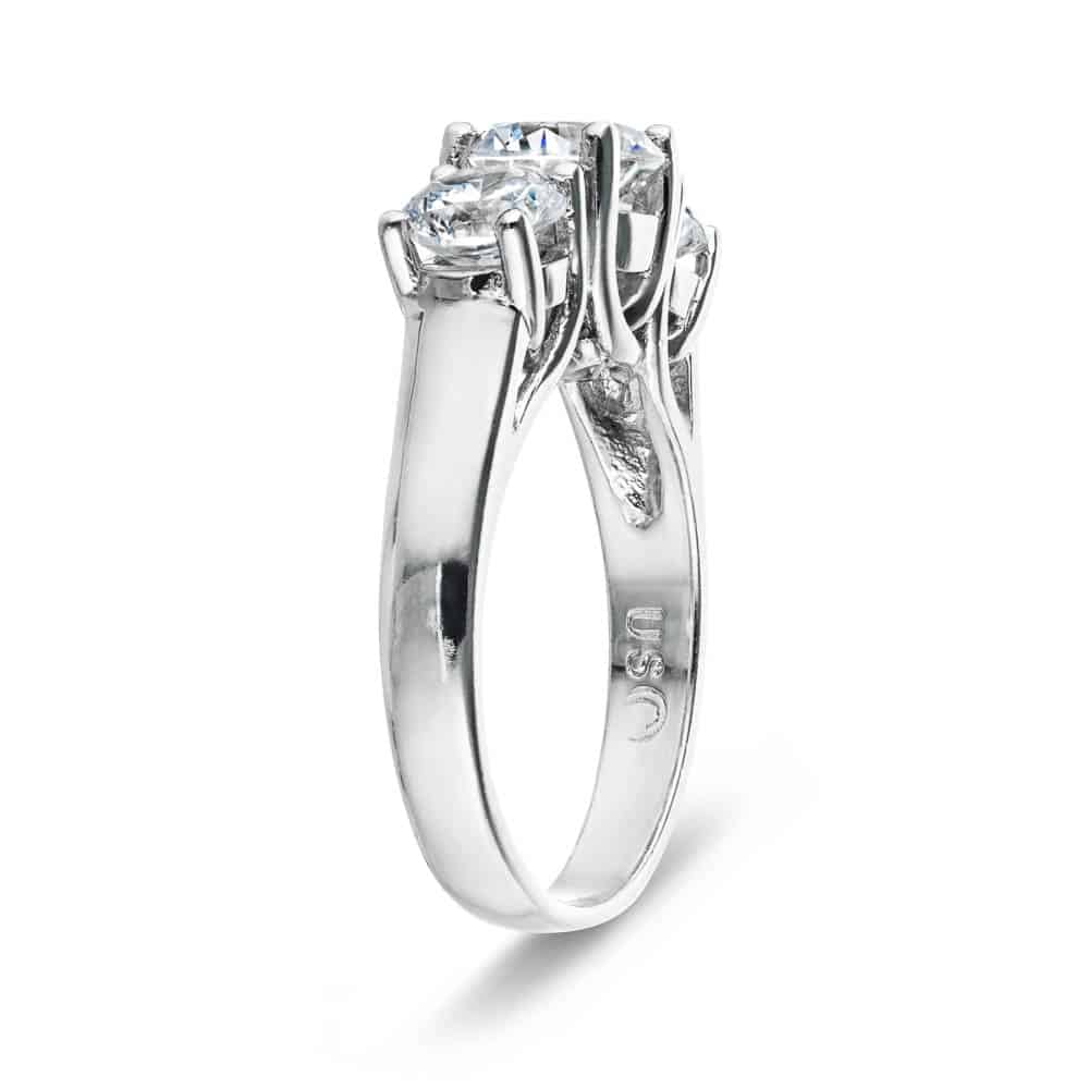 Shown with Three Round Cut Lab Grown Diamonds in 14k White Gold|Three stone engagement ring with round cut lab grown diamonds in 14k white gold shown from side