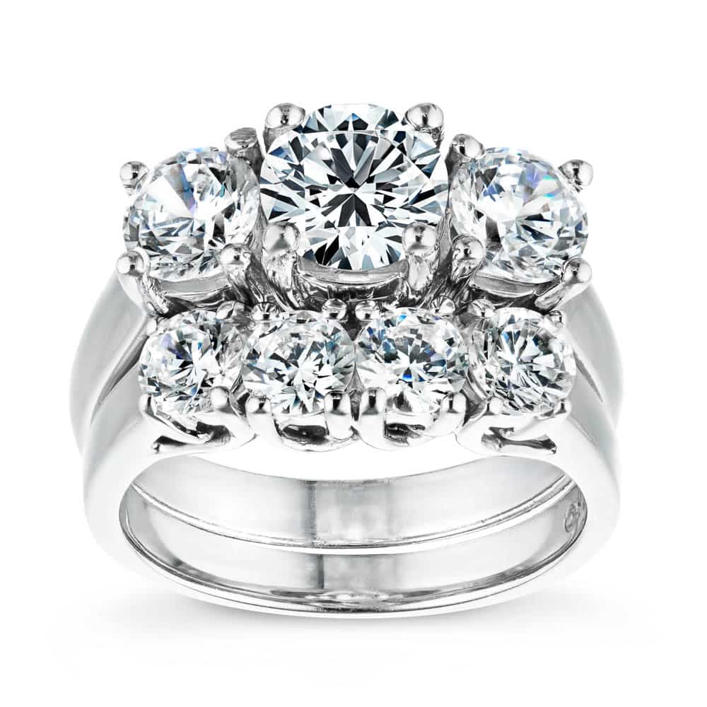 Shown here with the Ellise matching wedding band, purchase the set together for a discount. | three stone engagement ring recycled 14k white gold with matching wedding band