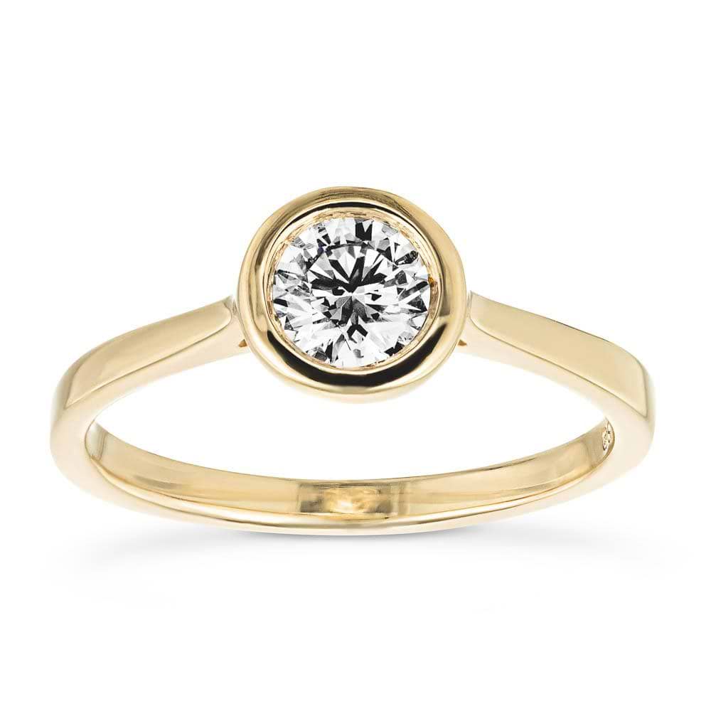 Shown with 1ct Round Cut Lab Grown Diamond in 14k Yellow Gold|Contemporary sleek bezel engagement ring with 1ct round cut lab created diamond in 14k yellow gold
