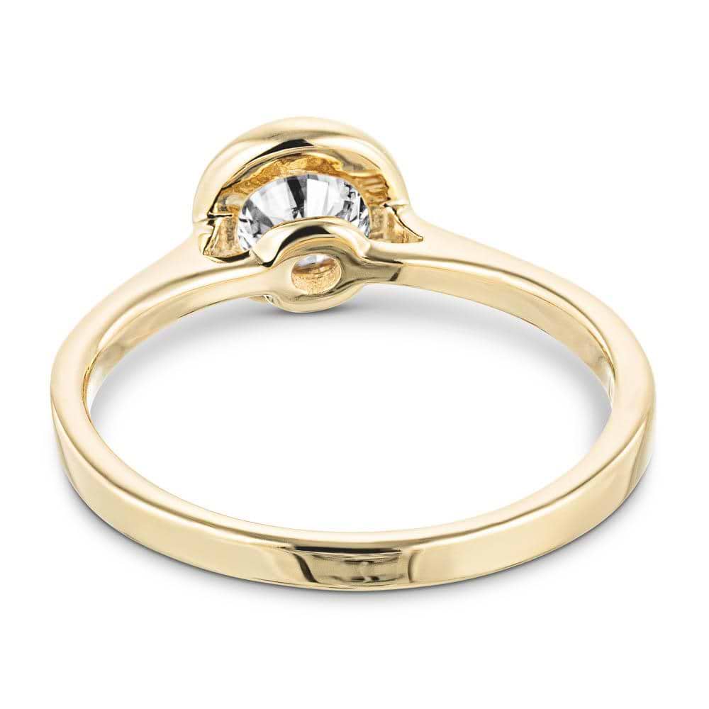 Shown with 1ct Round Cut Lab Grown Diamond in 14k Yellow Gold|Modern engagement ring with 1ct round cut bezel set lab grown diamond in 14k yellow gold shown from back