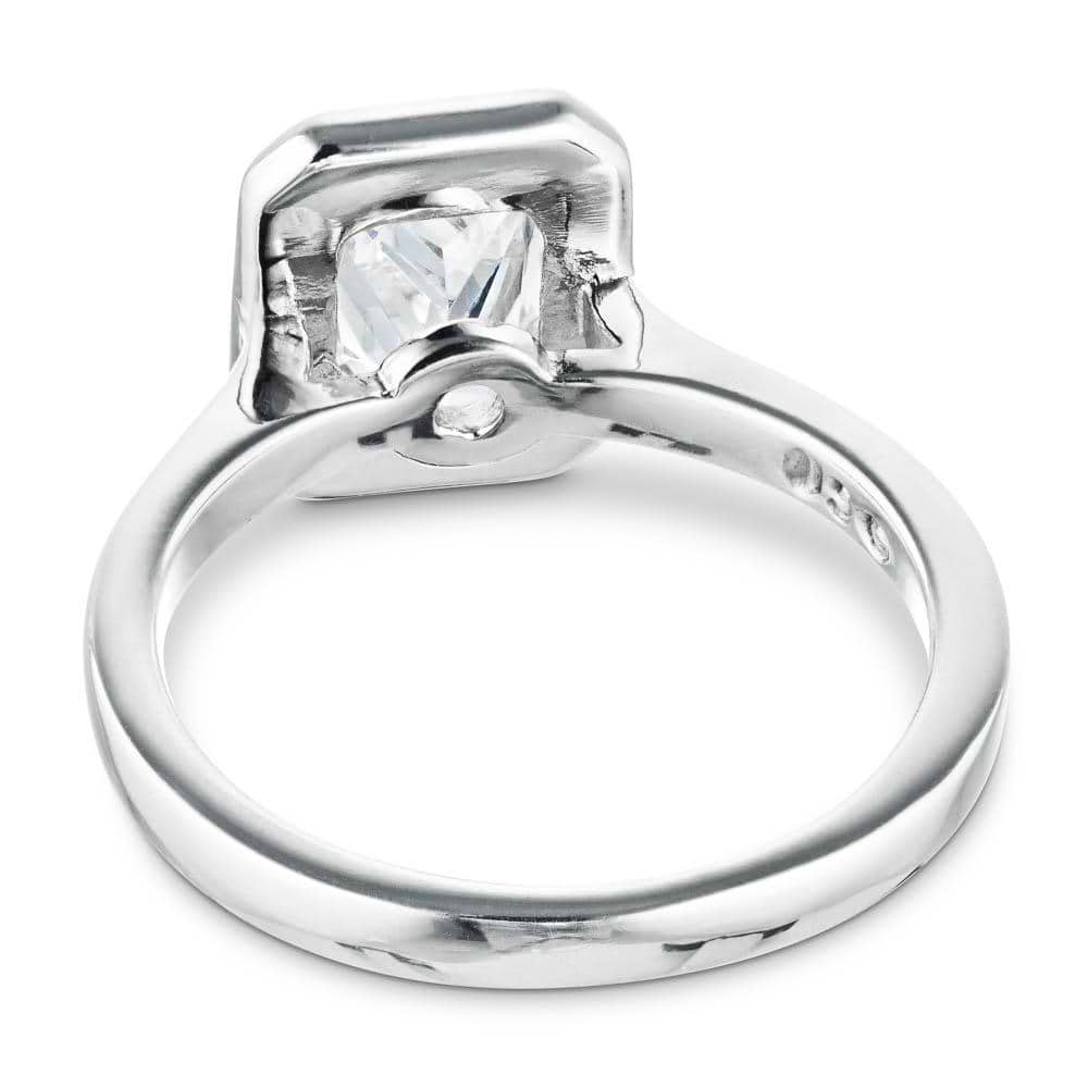 Shown with 1ct Radiant Cut Lab Grown Diamond in 14k White Gold|Modern engagement ring with 1ct radiant cut bezel set lab grown diamond in 14k white gold shown from back