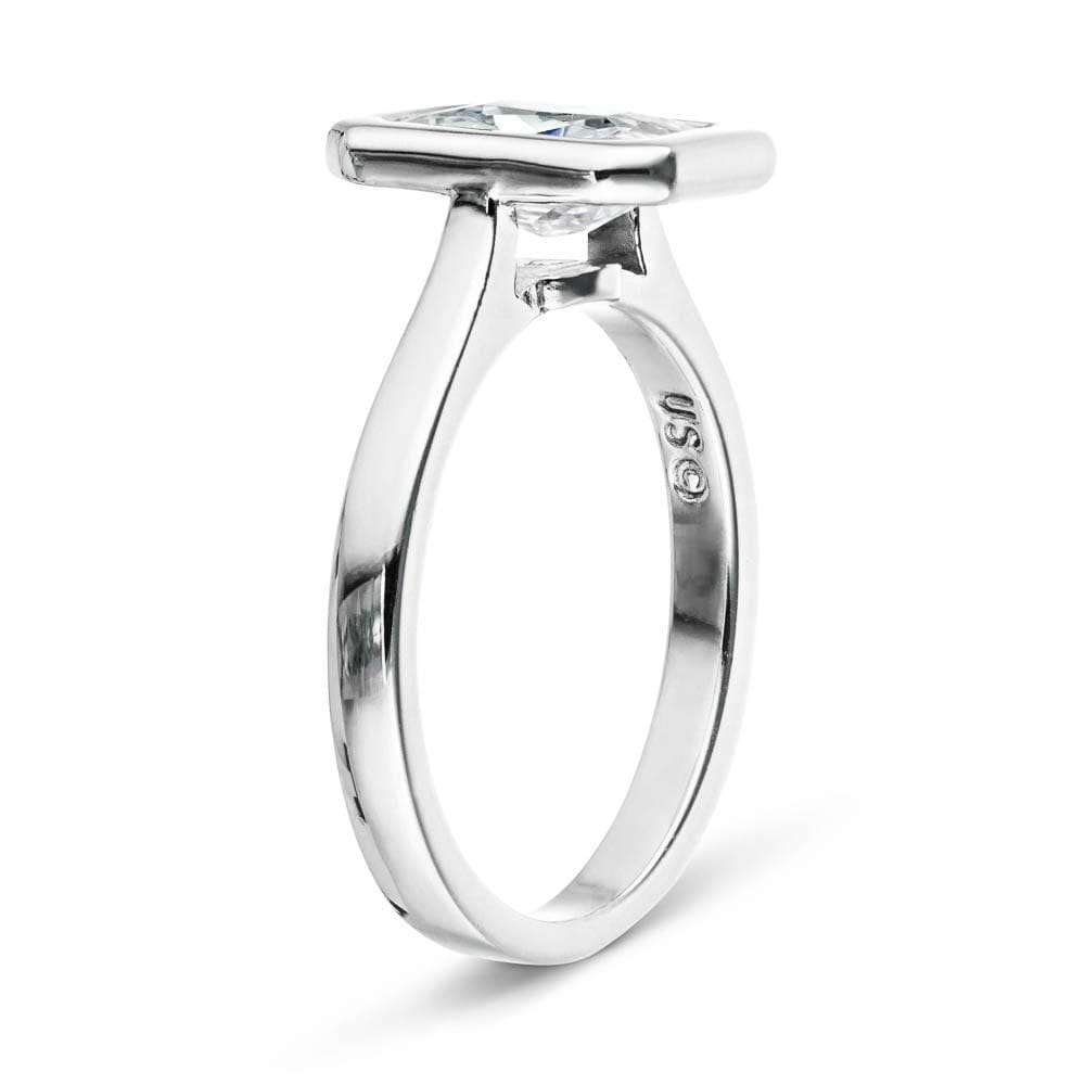 Shown with 1ct Radiant Cut Lab Grown Diamond in 14k White Gold|Modern engagement ring with 1ct radiant cut bezel set lab grown diamond in 14k white gold shown from side