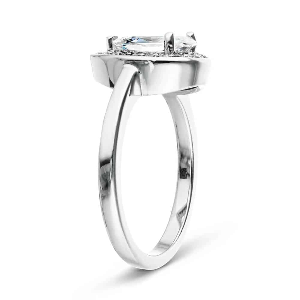 Shown with 1ct Pear Cut Lab Grown Diamond in 14k White Gold|Diamond halo engagement ring with 1ct pear cut lab grown diamond set in 14k white gold