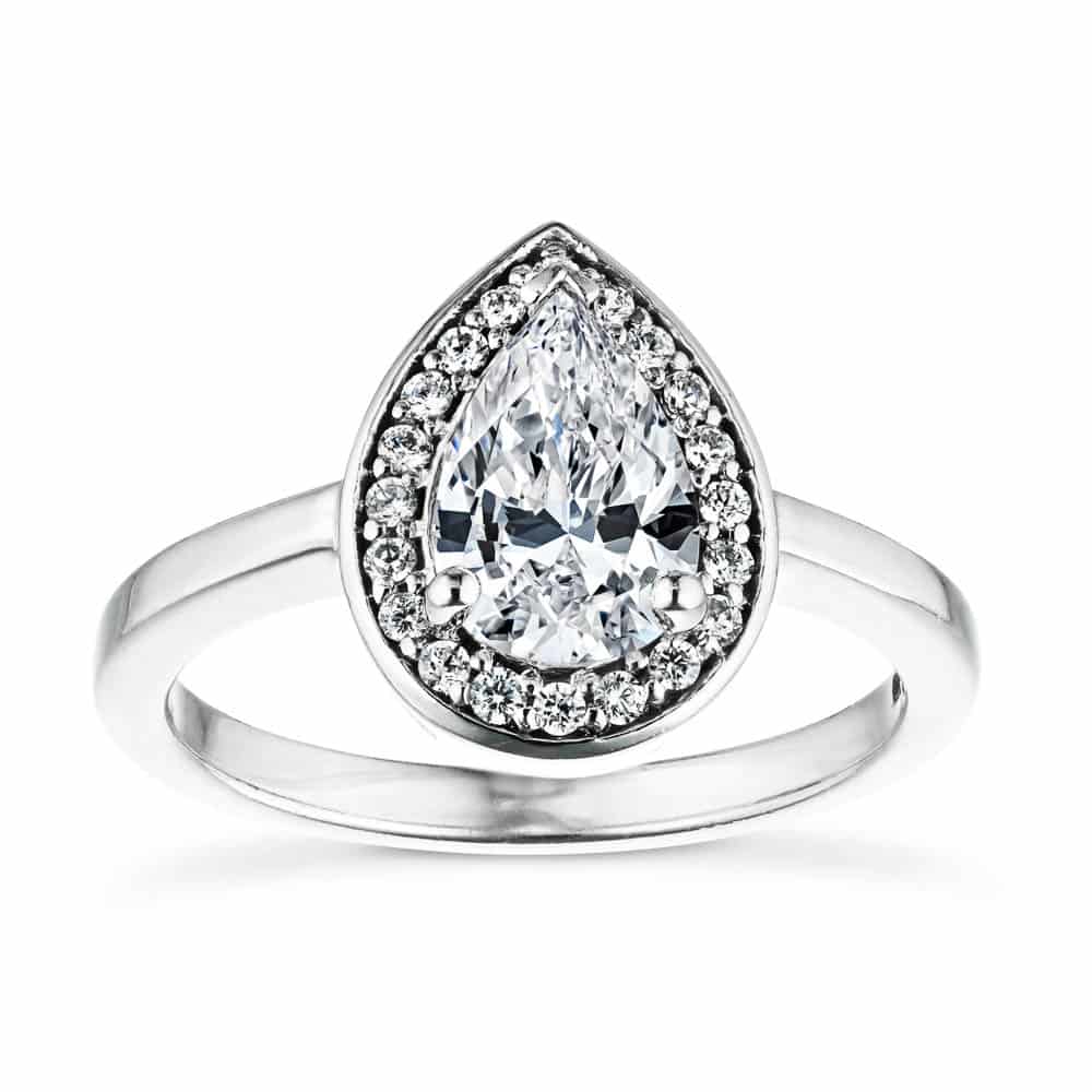 Shown with 1ct Pear Cut Lab Grown Diamond in 14k White Gold|Diamond halo engagement ring with 1ct pear cut lab grown diamond set in 14k white gold