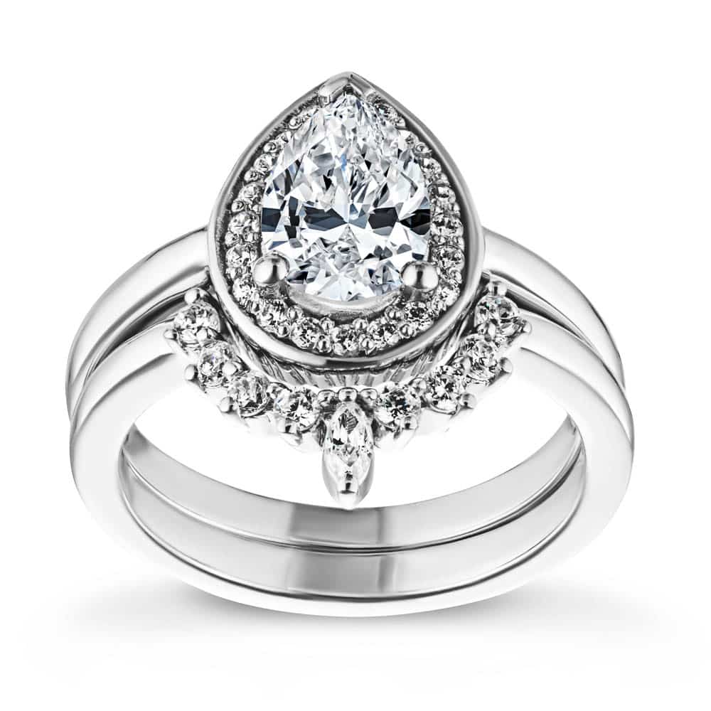 Estelle is available in a set | Lab-grown diamond halo white gold engagement ring. 