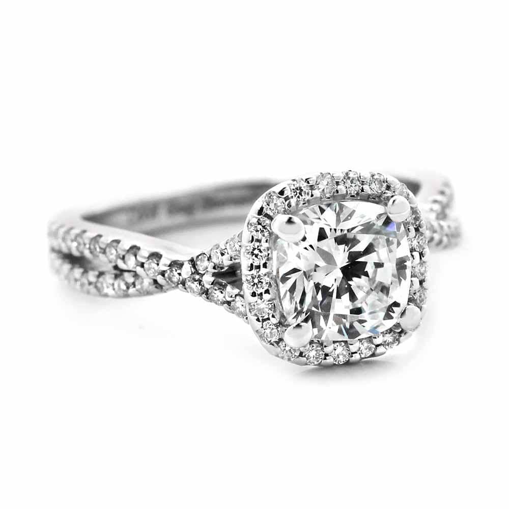 Shown with 1ct Cushion Cut Lab Grown Diamond in 14k White Gold|Diamond halo engagement ring with crossover split shank band set with 1ct cushion cut lab grown diamond in 14k white gold