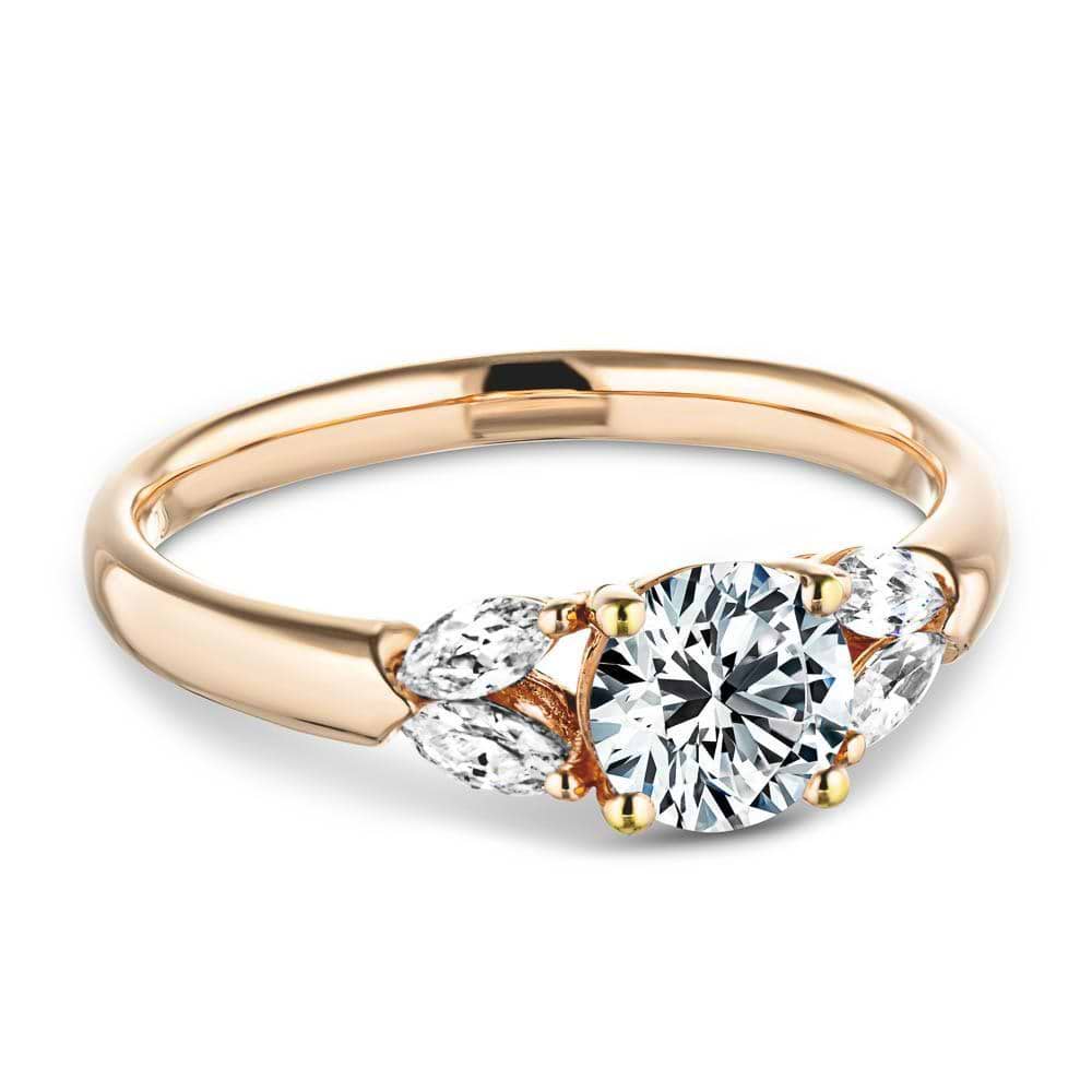 Shown with 0.75ct Round Cut Lab Grown Diamond Center in 14k Rose Gold|Affordable diamond accented engagement ring with 0.75ct round cut lab grown diamond center and 0.20ctw marquise cut side stones in 14k rose gold