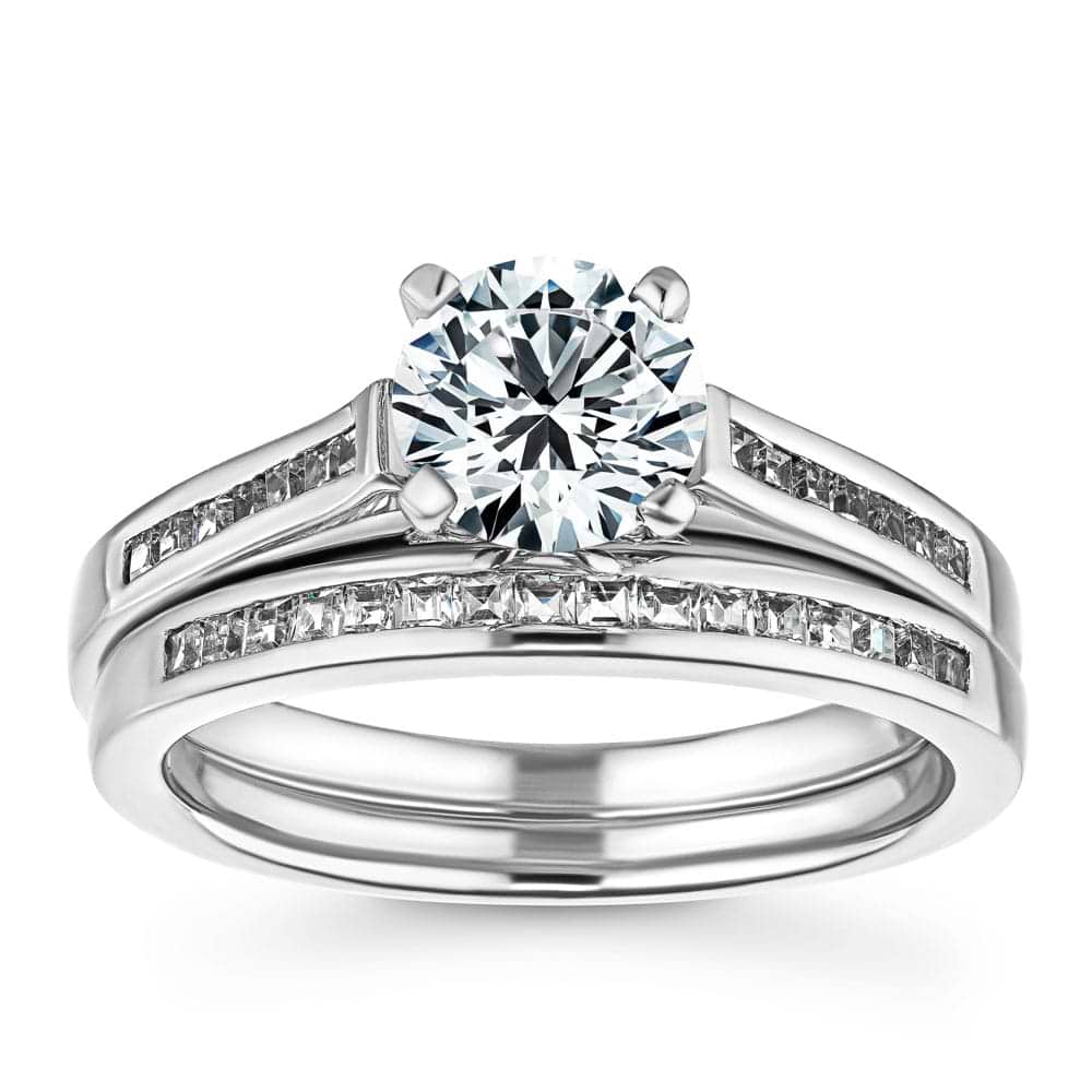 Engagement Ring Shown with Matching Wedding Band Available as a Set for a Discount|Modern style channel set diamond accented wedding ring set with lab grown diamond in platinum