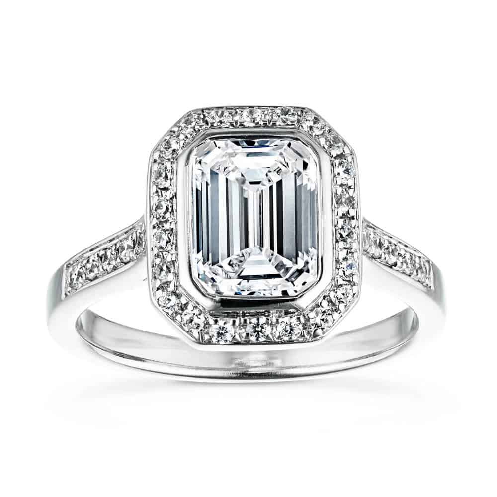 Shown with 1ct Emerald Cut Lab Grown Diamond in 14k White Gold|Antique style diamond accented halo engagement ring with 1ct emerald cut lab grown diamond in 14k white gold