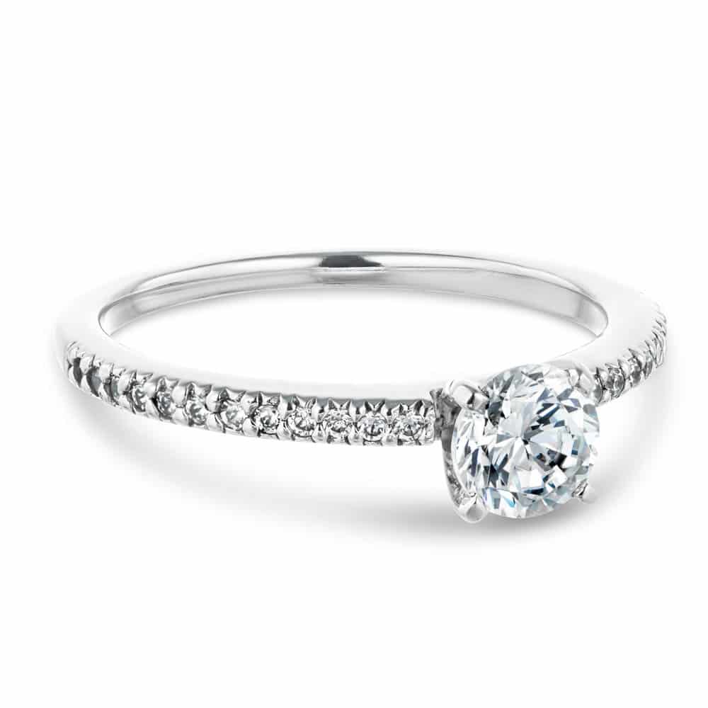 Shown with 0.70ct Round Cut Lab Grown Diamond in 14k White Gold