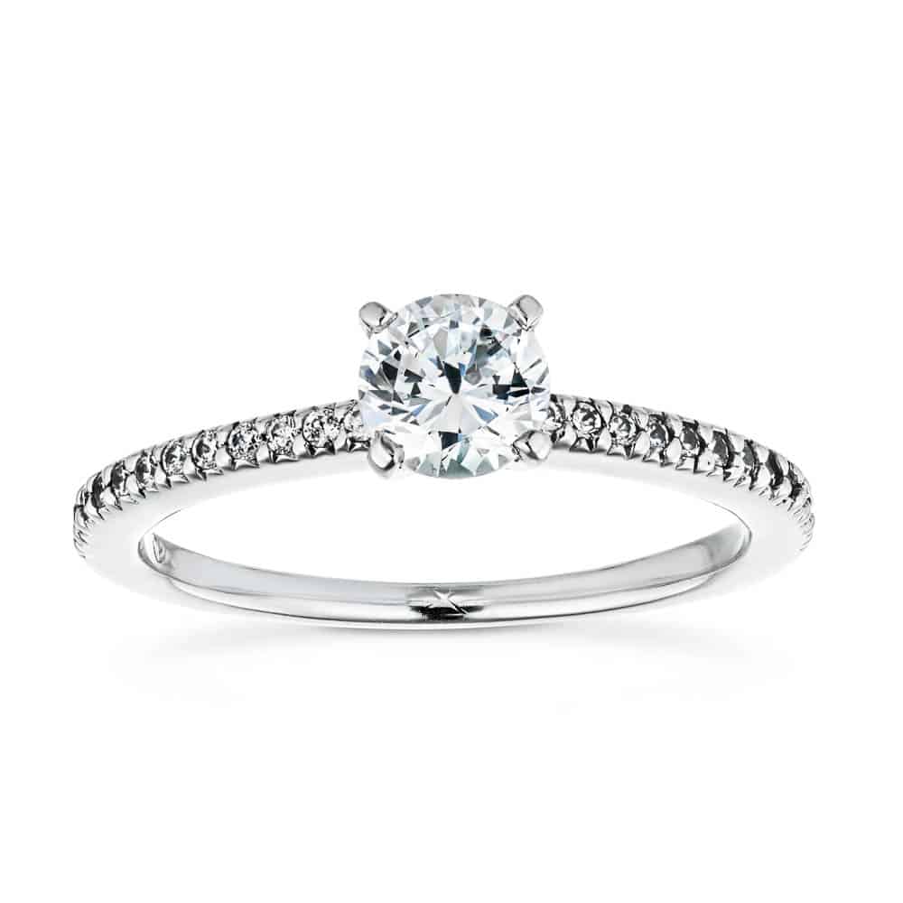 Shown with 0.70ct Round Cut Lab Grown Diamond in 14k White Gold|Ethical diamond accented solitaire engagement ring with 4 prong set round cut lab grown diamond in 14k white gold