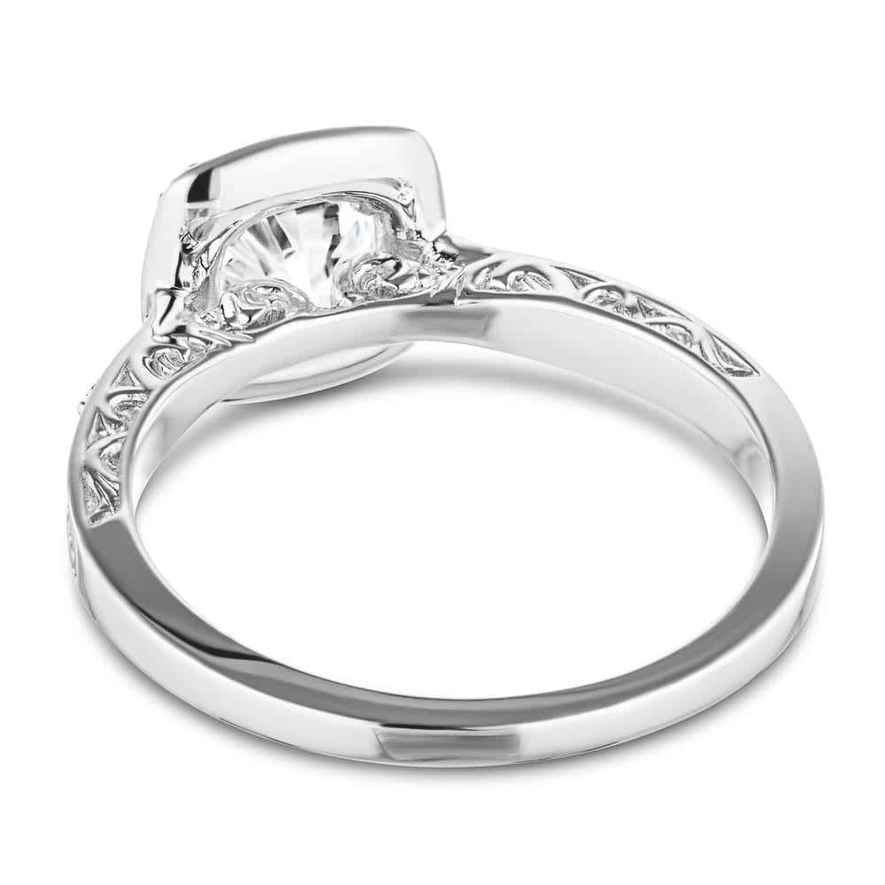 Shown with 1ct Round Cut Lab Grown Diamond in 14k White Gold|Antique filgree detailed ring with lab created diamond set in 14k white gold shown from back