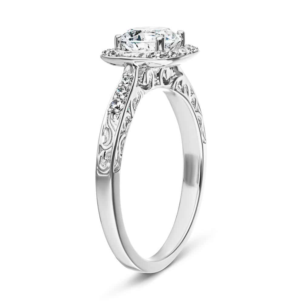 Shown with 1ct Round Cut Lab Grown Diamond in 14k White Gold|Antique style filgree detailed ring with lab created diamond set in 14k white gold shown from side