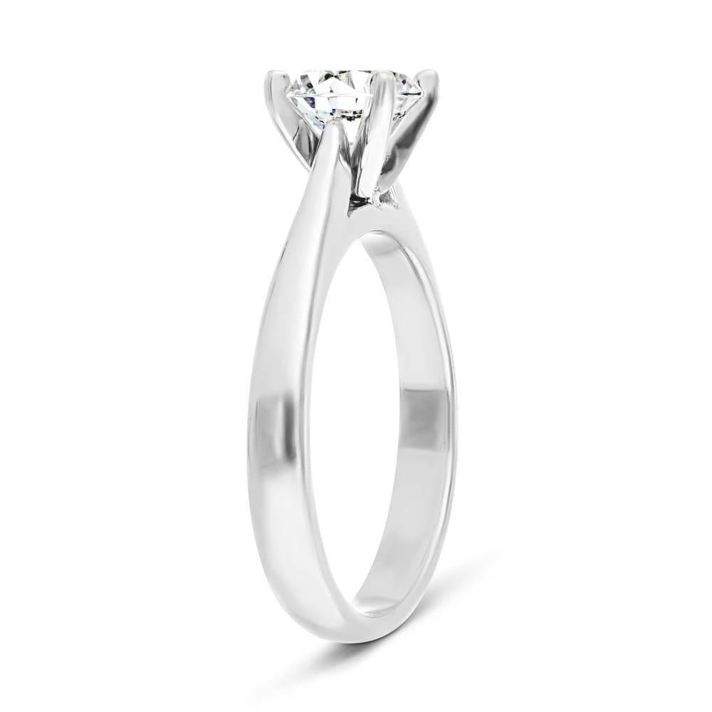 Shown In 14K White Gold With A Round Cut Center Stone|solitaire cathedral style ring set with a round cut lab grown diamond center stone