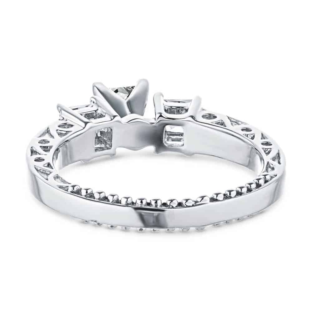Shown with Three Princess Cut Lab Grown Diamonds Set in 14k White Gold|Vintage style three stone engagement ring with princess cut lab grown diamonds in 14k white gold shown from back