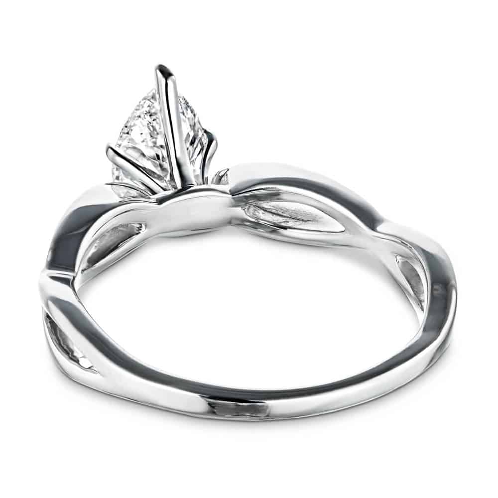 Shown with 1ct Pear Cut Lab Grown Diamond in 16k White Gold|Solitaire engagement ring with a 1ct pear cut lab grown diamond in twisted metal design 16k white gold band shown from back