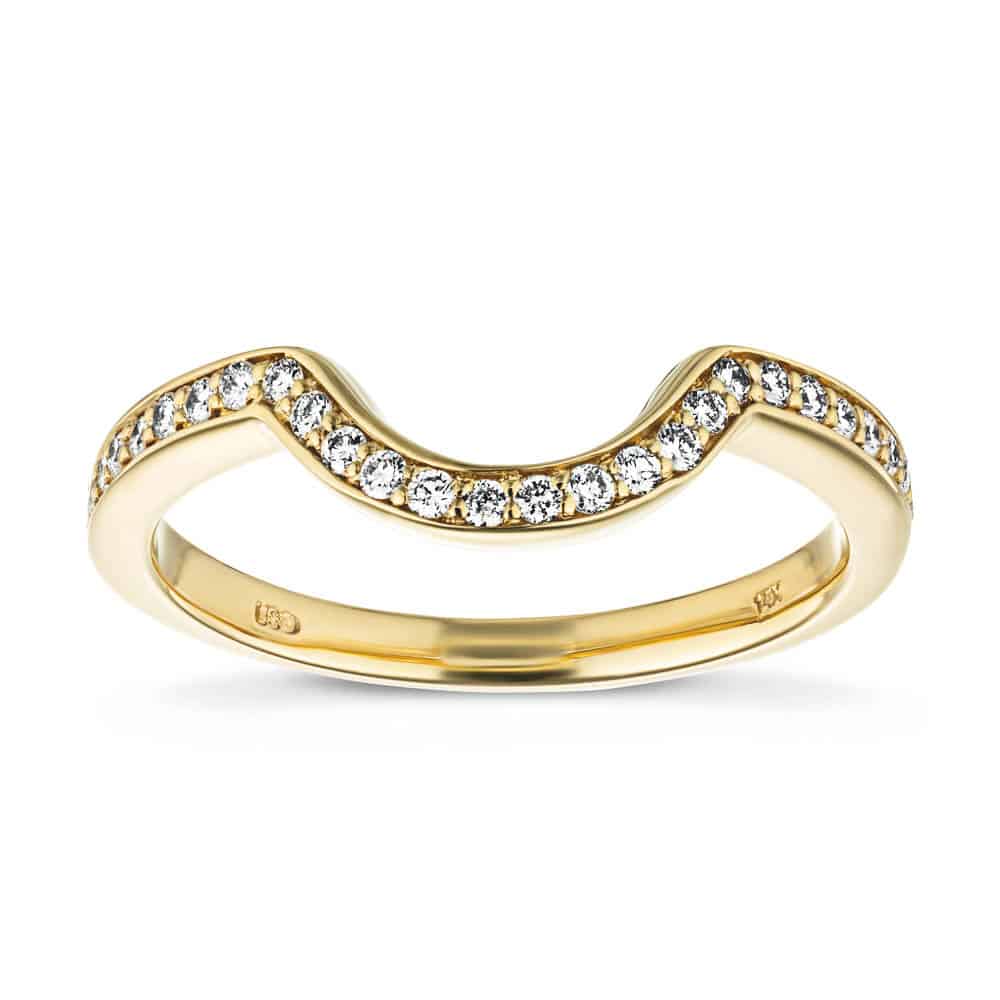 Curved diamond accented wedding band in recycled 14K yellow gold to fit Katherine Engagement ring | Curved diamond accented wedding band in recycled 14K yellow gold to fit Katherine Engagement ring