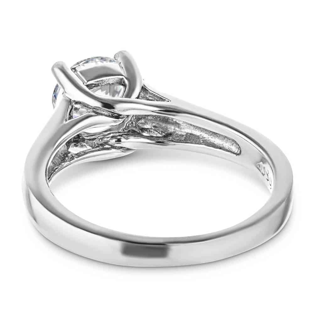 Shown with 1ct Round Cut Lab Grown Diamond in 14k White Gold|Simple trellis style solitaire engagement ring with 1ct round cut lab grown diamond in 14k white gold shown from back