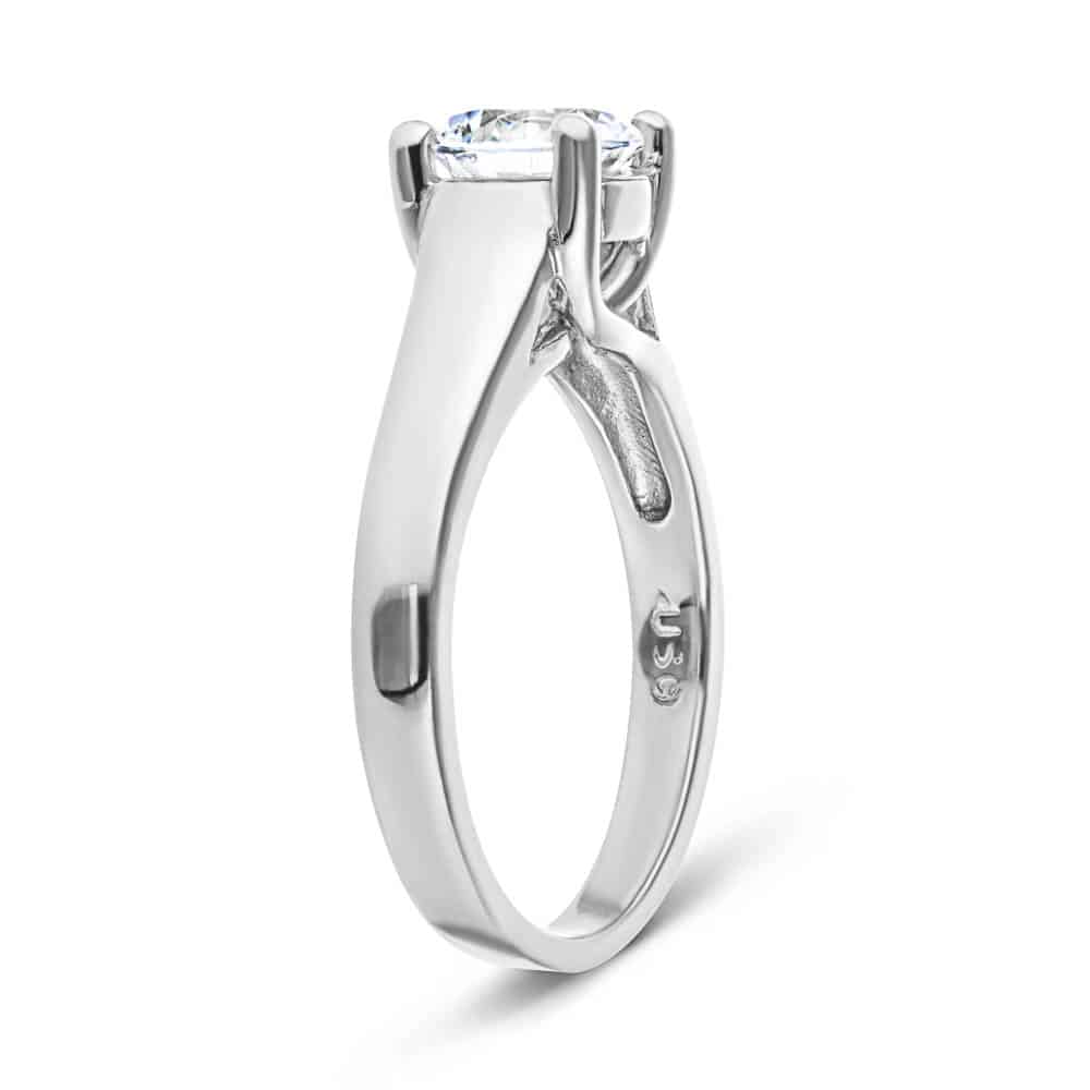 Shown with 1ct Round Cut Lab Grown Diamond in 14k White Gold|Simple trellis style solitaire engagement ring with 1ct round cut lab grown diamond in 14k white gold shown from side