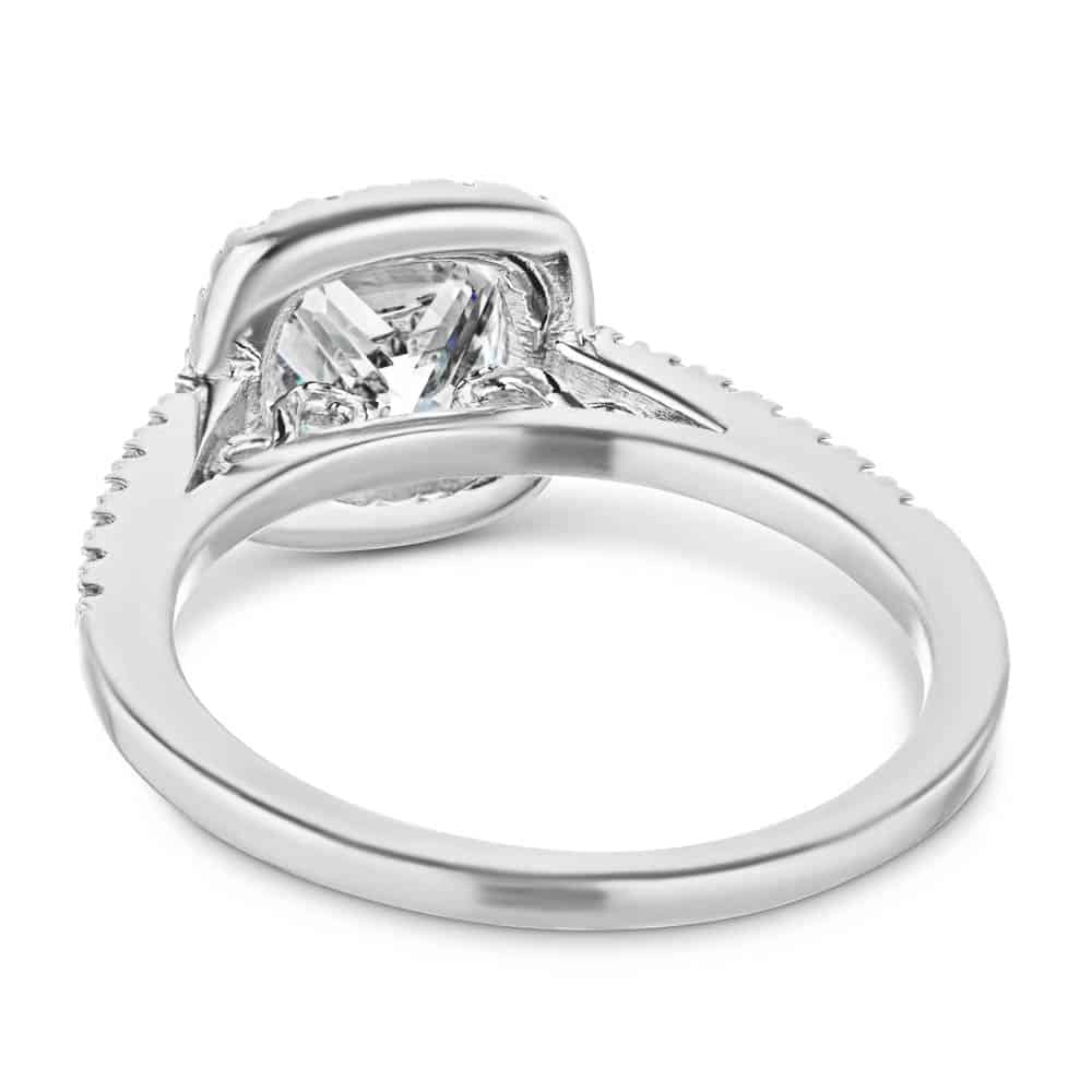 Shown with a 1.0ct Cushion cut Lab-Grown Diamond with a diamond accented halo and diamonds accenting the band in recycled 14K white gold with matching band, purchase the set for a discount | diamond halo accented engagement ring Shown with a 1.0ct Cushion cut Lab-Grown Diamond with a diamond accented halo and diamonds accenting the band in recycled 14K white gold