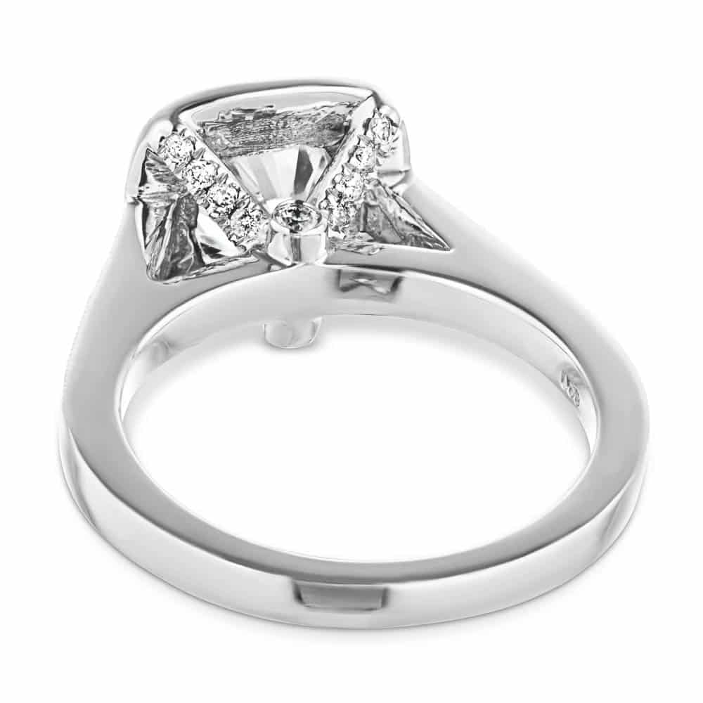 Shown with a 1.0ct Cushion cut Lab-Grown Diamond with a diamond accented and filigree detailed halo and accenting diamonds on the band in recycled 14K white gold | antique vintage engagement ring Shown with a 1.0ct Cushion cut Lab-Grown Diamond with a diamond accented and filigree detailed halo and accenting diamonds on the band in recycled 14K white gold