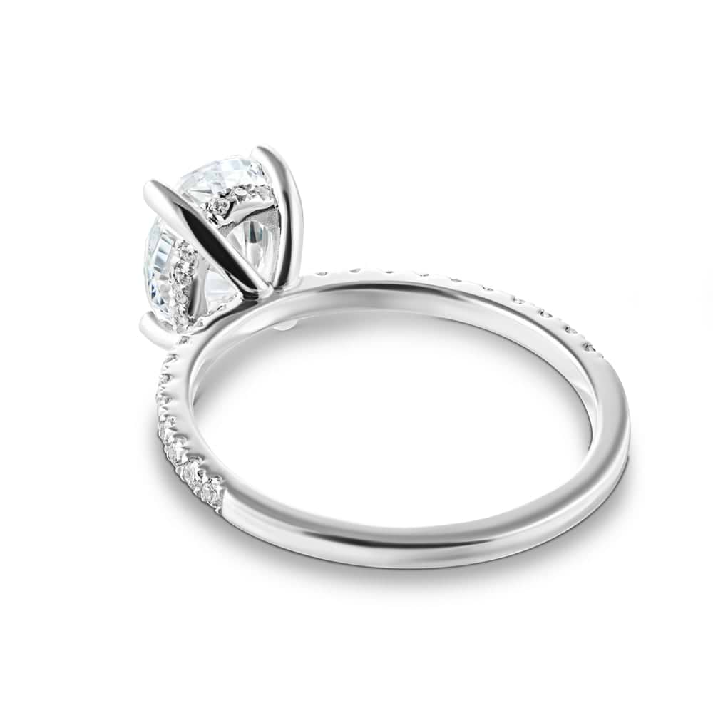Shown with 1.5ct Oval Cut Lab Grown Diamond in 14k White Gold|diamond accented hidden halo engagement ring with 1.5ct oval cut lab grown diamond in 14k white gold from back