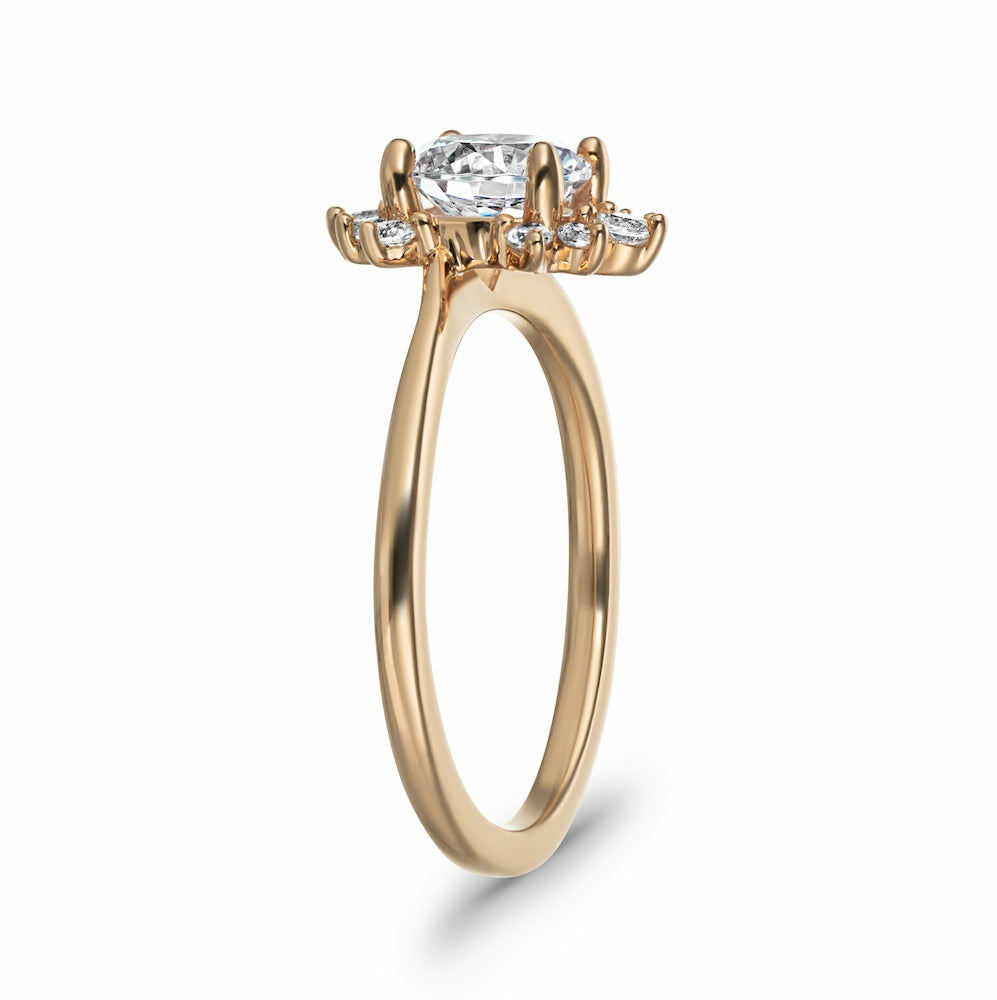 Shown with 1ct Round cut Lab Grown Diamond in 14k Rose Gold