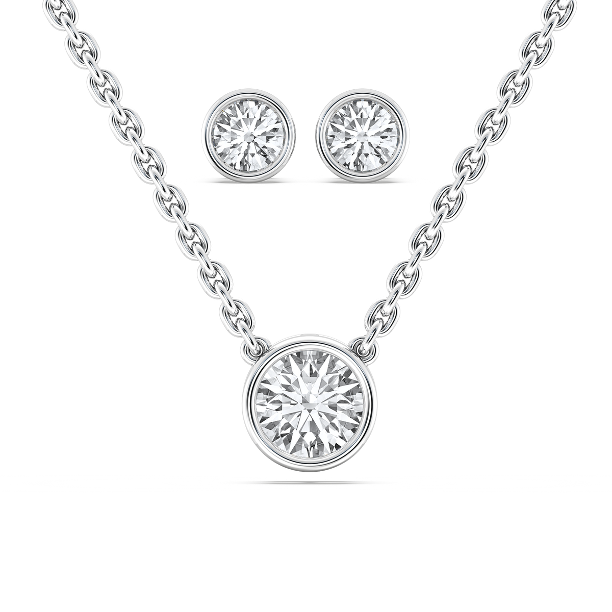 Round Cut Bezel Pendant and Earrings Set