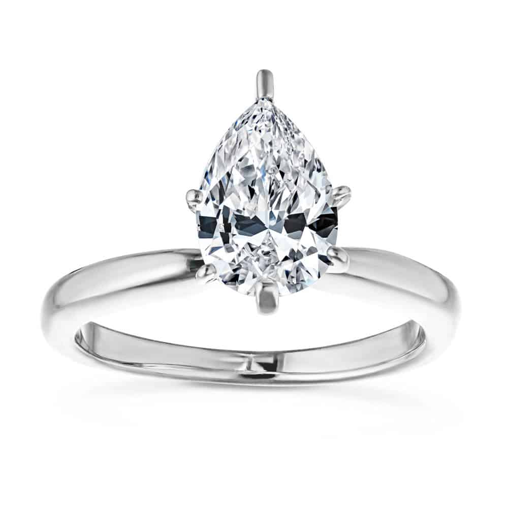 Shown with 1ct Pear Cut Lab Grown Diamond in 14k White Gold|Elegant ethical teardrop solitaire engagement ring with 1ct pear cut lab grown diamond in 14k white gold band