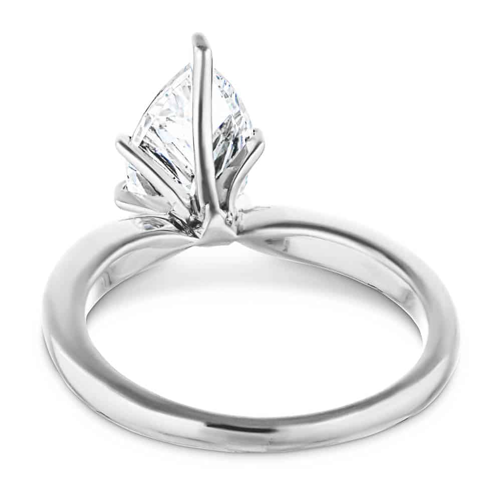 Shown with 1ct Pear Cut Lab Grown Diamond in 14k White Gold|Solitaire engagement ring with 6 prong set 1ct pear cut lab grown diamond in 14k white gold band shown from back