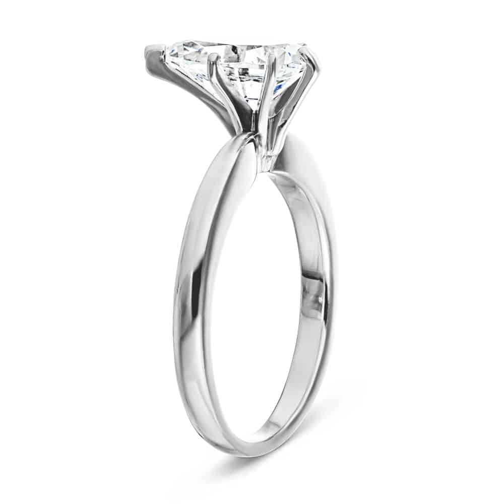 Shown with 1ct Pear Cut Lab Grown Diamond in 14k White Gold|Solitaire engagement ring with 6 prong set 1ct pear cut lab grown diamond in 14k white gold band shown from side