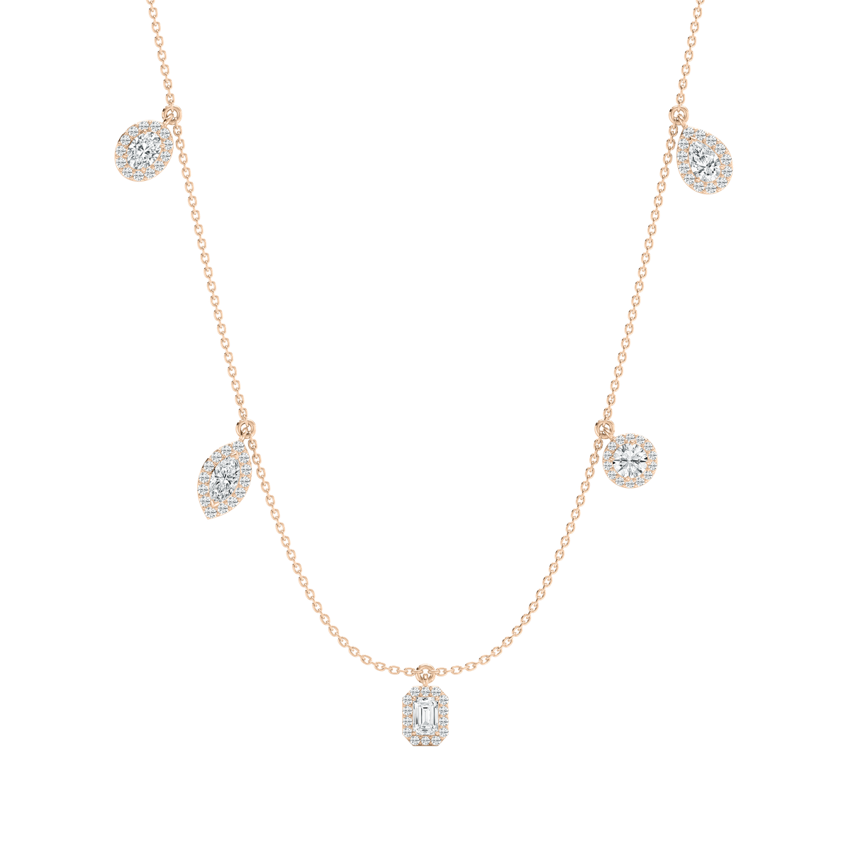 Multi-Shape Diamond Halo Necklace in Rose Gold