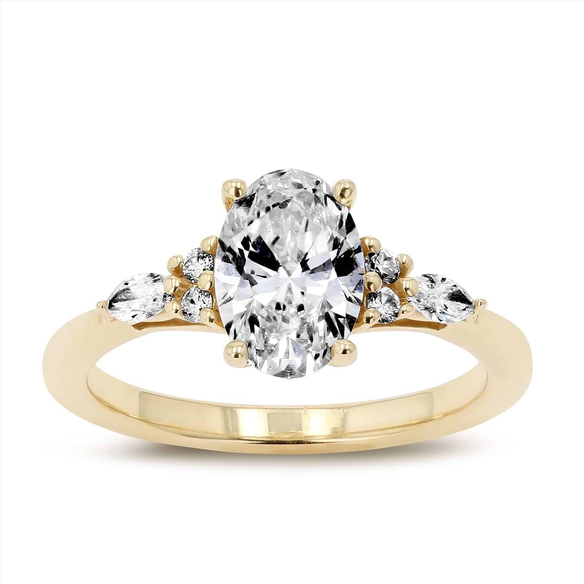 Shown with 1ct Oval Cut Lab Grown Diamond in 14K Yellow Gold|Diamond accented engagement ring with a 1ct oval cut lab grown diamond set in 14k yellow gold