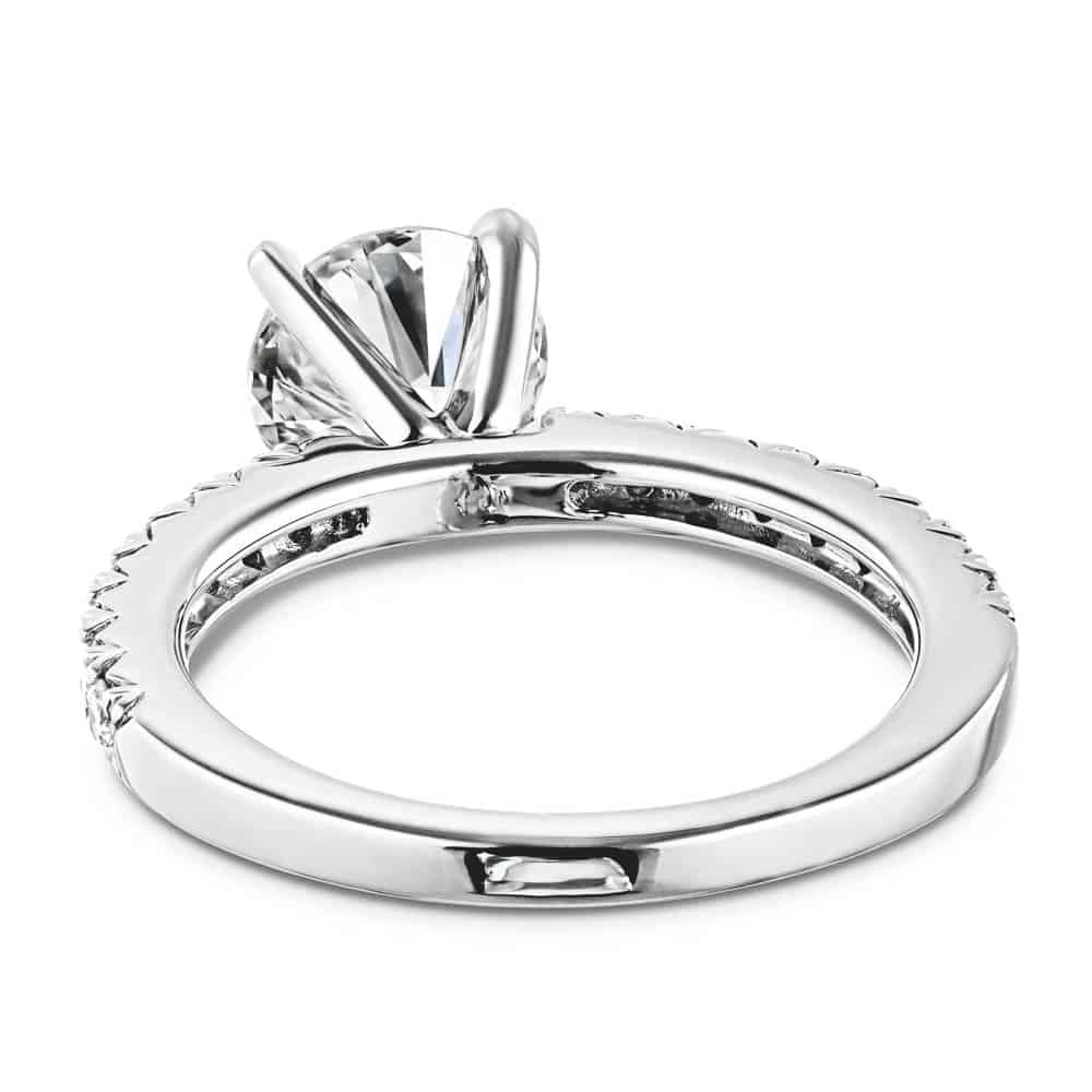 Shown with 1ct Round Cut Lab Grown Diamond in Platinum|Diamond accented engagement ring with 1ct round cut lab grown diamond in platinum setting shown from back