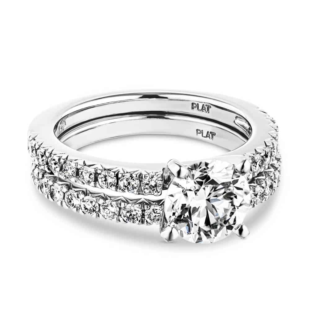 Engagement Ring Shown with Matching Wedding Band Available as a Set for a Discount|Affordable lab grown diamond wedding ring set cast in platinum
