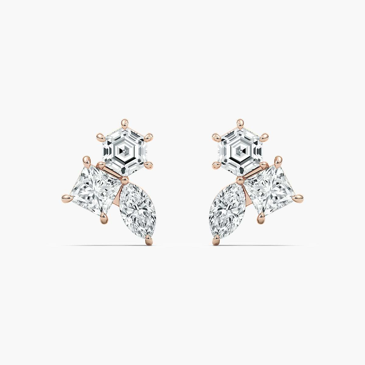 Three Stone Stud Lab Grown Diamond Earrings - Hexagon, Marquise And Lozenge