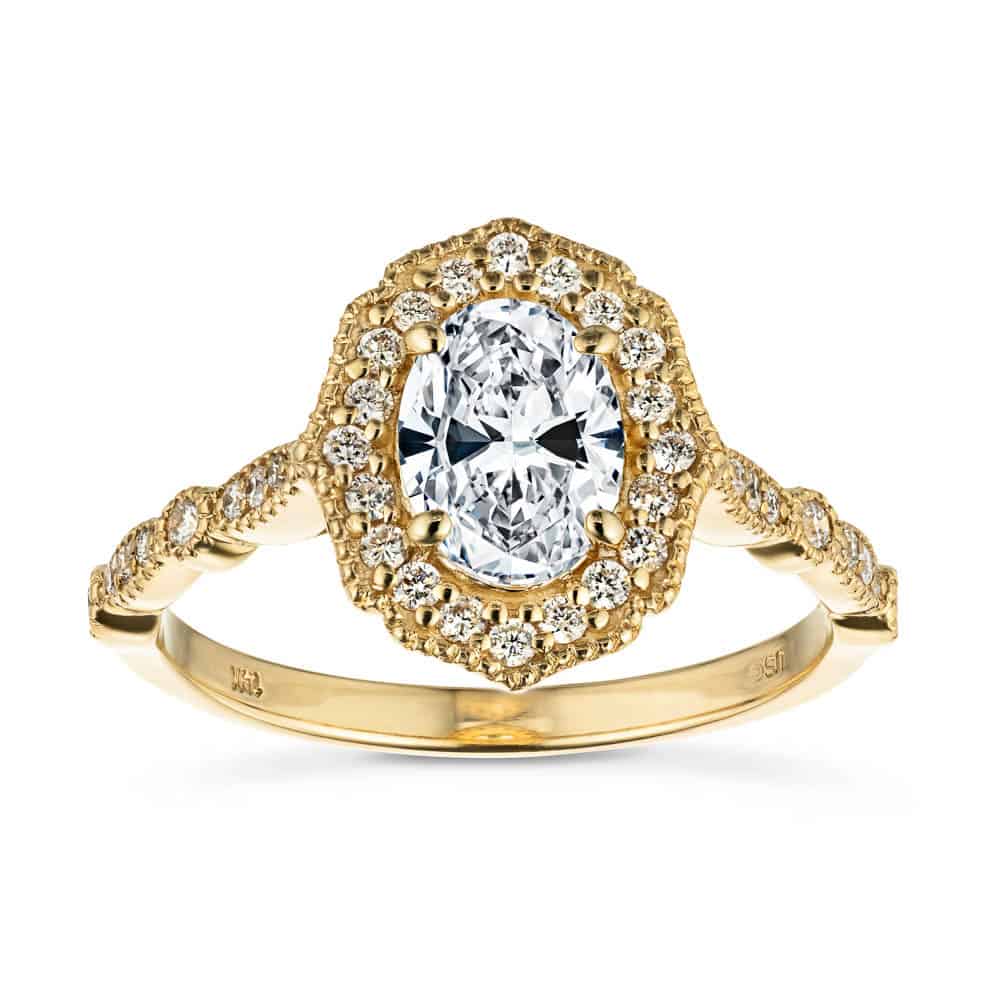 Shown In 14K Yellow Gold with an Oval Cut Center Stone|vintage halo lab grown diamond ring with an oval cut lab grown diamond center stone 