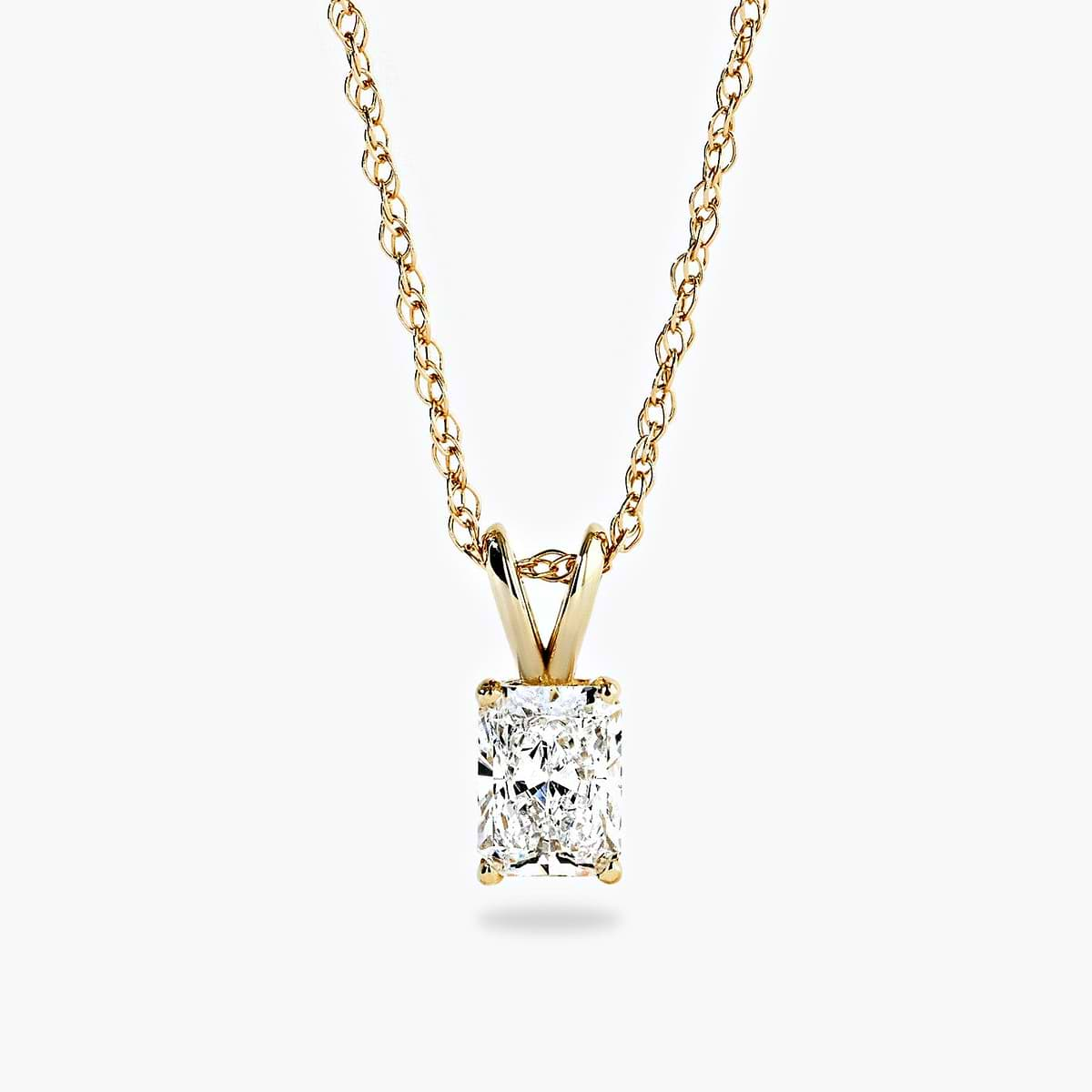 Shown in 14K Yellow Gold|radiant cut pendant featuring a lab grown diamond set in yellow gold by MiaDonna