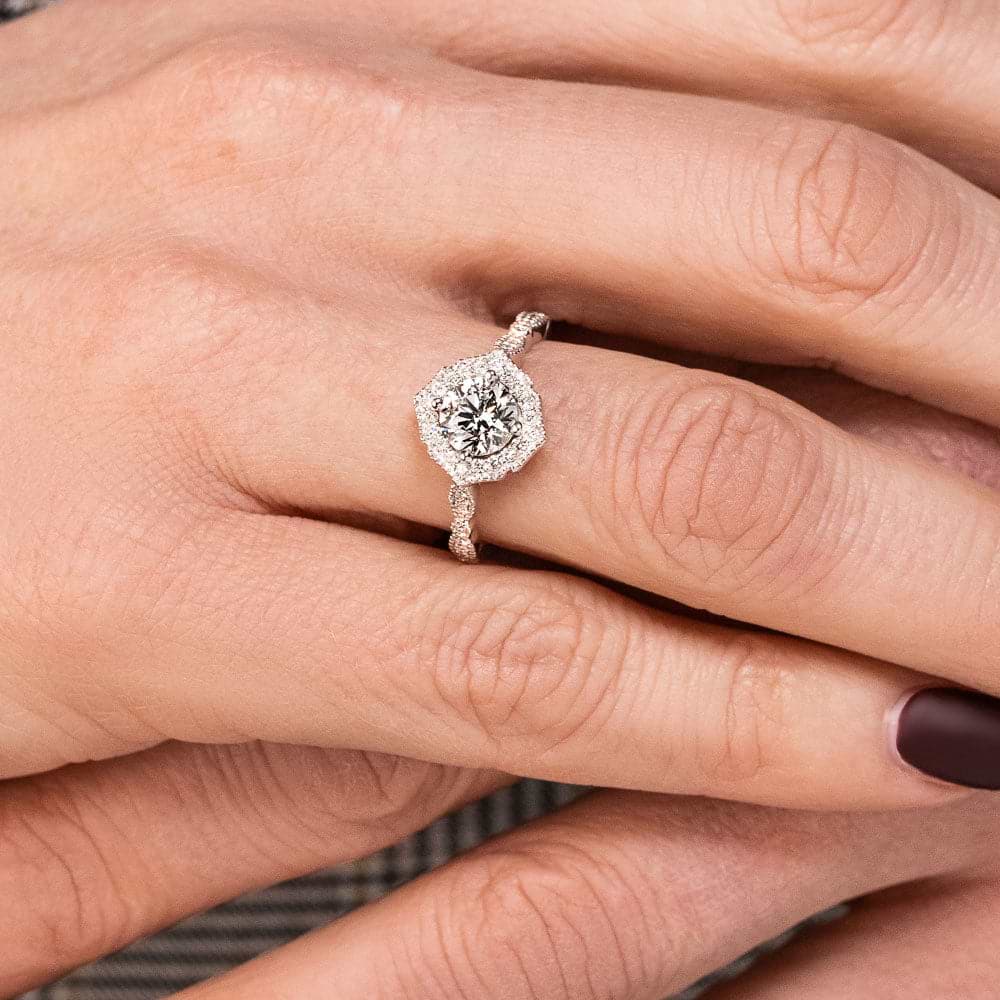 Shown In 14K White Gold with a Round Cut Center Stone|vintage halo lab grown diamond ring with a round cut lab grown diamond center stone 