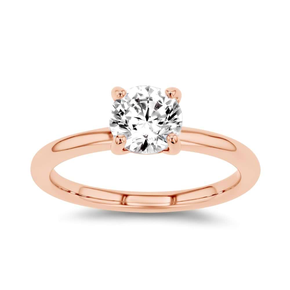 Shown here with a 1.0ct Round Cut Lab Grown Diamond center stone in 14K Rose Gold|shown with 1 carat lab grown diamond center stone with nature inspired floral prong head set in 14k rose gold