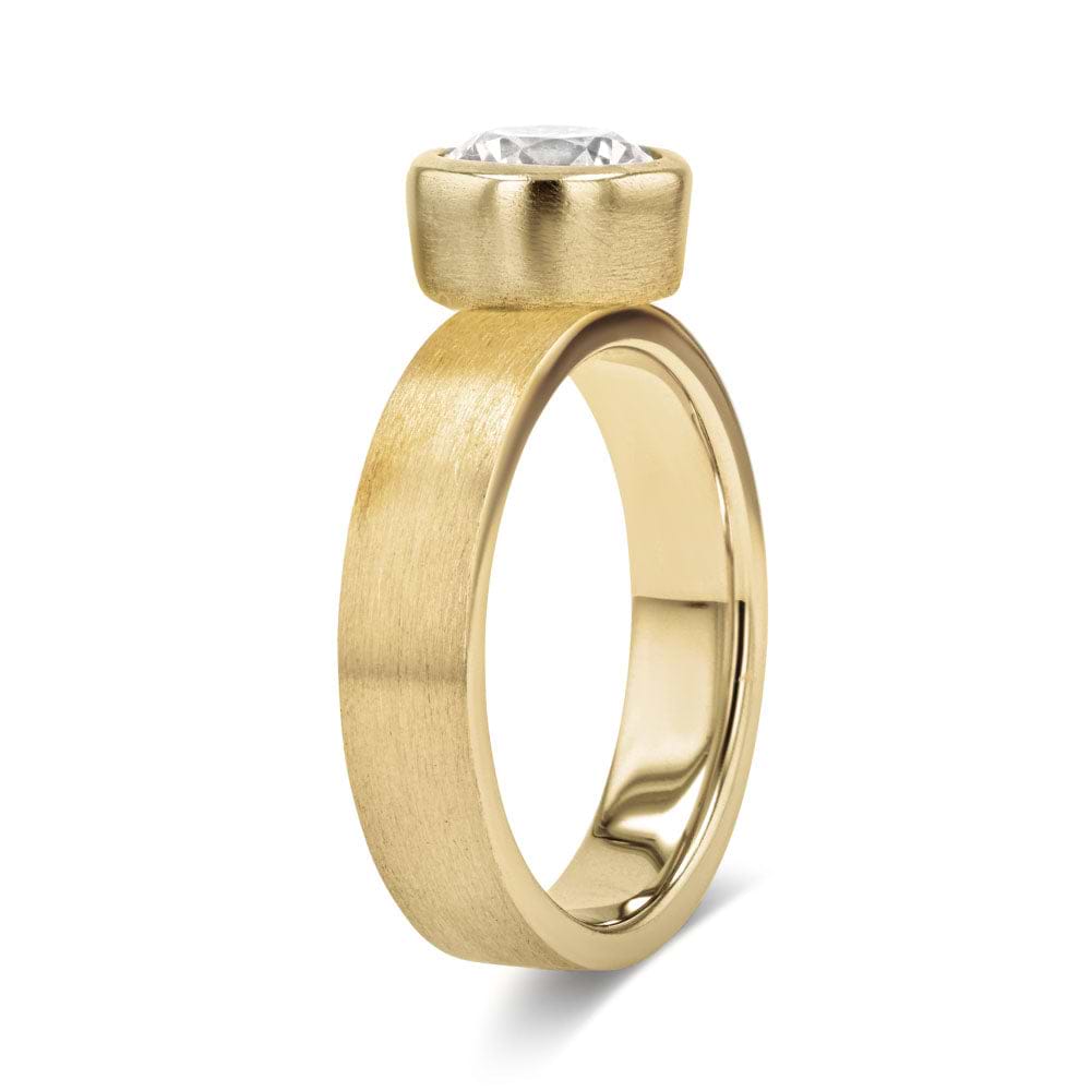 Shown in 14K Yellow Gold with a Satin Finish|bezel set solitaire engagement ring with satin finish in 14k yellow gold metal