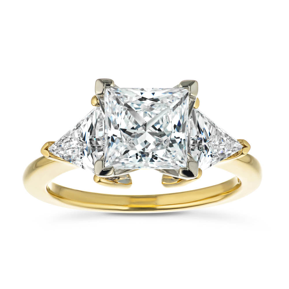 Shown with 1.5ct Princess Cut Lab Grown Diamond &amp; 0.50ct Triangle Cut Side Stones in 14k Yellow Gold