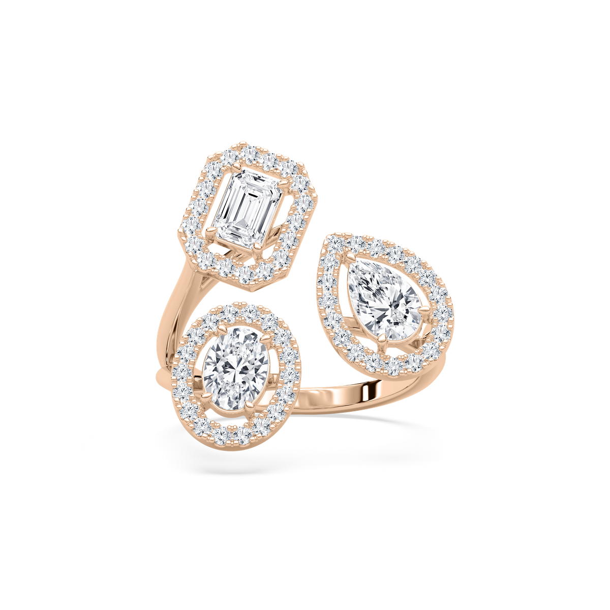 Three Stone Halo Fashion Ring in Rose Gold