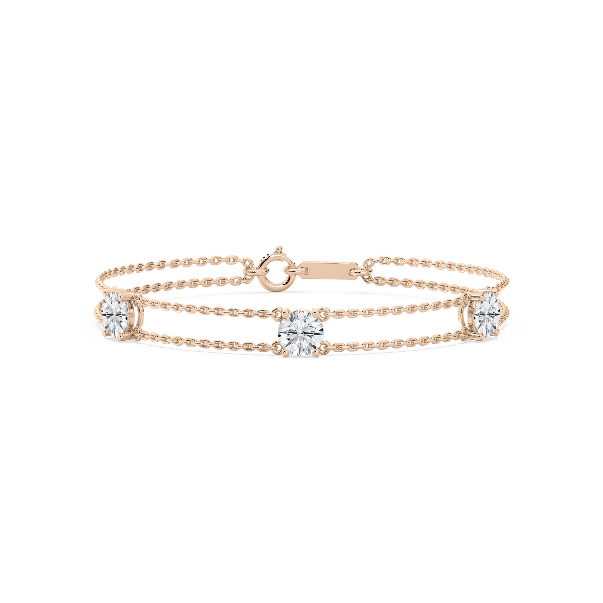 Three Stone Round Chain Bracelet in Rose Gold