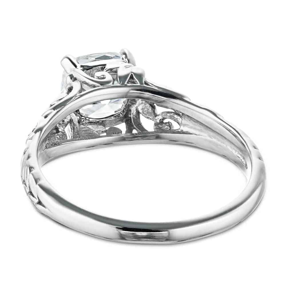 Shown with 1ct Cushion Cut Lab Grown Diamond in 14k White Gold|Antique style engagement ring with 1ct cushion cut lab grown diamond in detailed 14k white gold shown from back