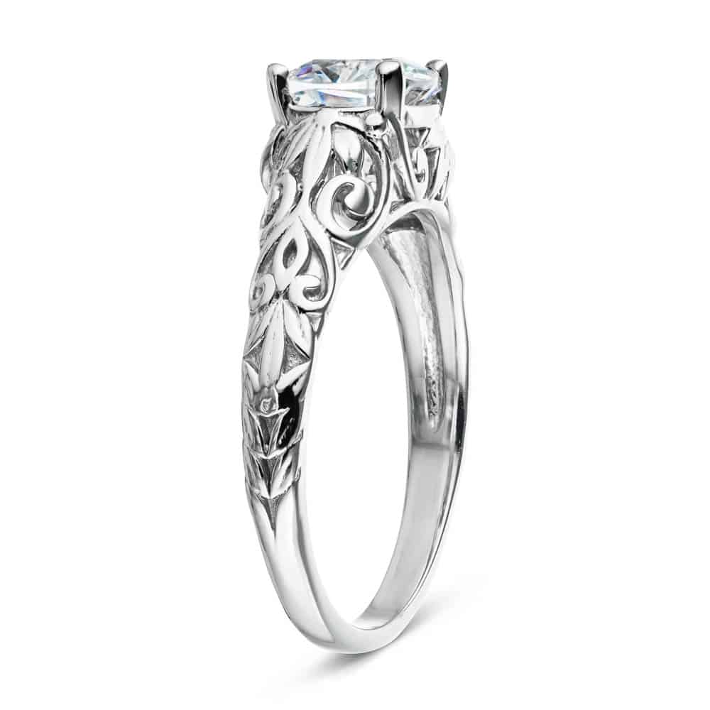Shown with 1ct Cushion Cut Lab Grown Diamond in 14k White Gold|Antique style engagement ring with 1ct cushion cut lab grown diamond in detailed 14k white gold shown from side