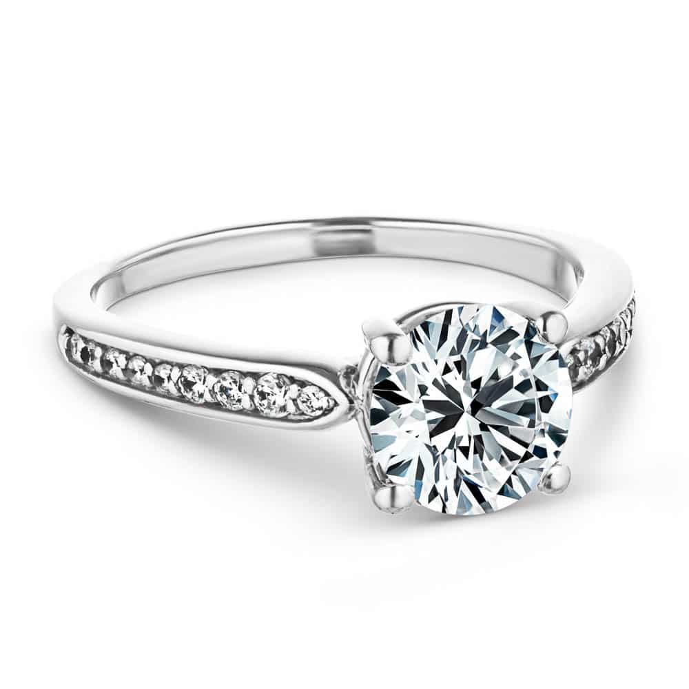 Shown with a 1.0ct Round cut Lab-Grown Diamond with diamonds accenting band in recycled 14K white gold | engagement ring Shown with a 1.0ct Round cut Lab-Grown Diamond with diamonds accenting the band in recycled 14K white gold